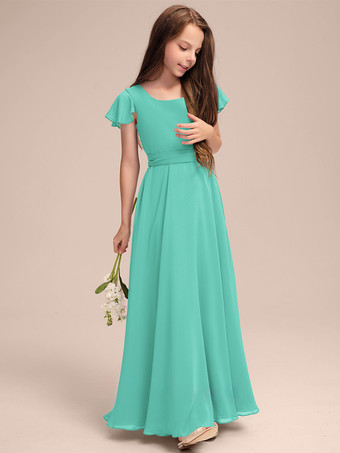 ミントグリーンホワイトフラワーガールドレス 特別な日のためのドレス ブルーシフォン 半袖 ジュエルネック フラワーガールドレス