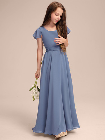 ホワイトフラワーガールドレス 特別な日のためのドレス ブルーシフォン 半袖 ジュエルネック フラワーガールドレス