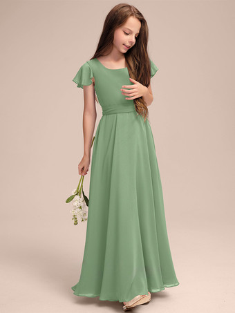 グリーン ホワイトフラワーガールドレス 特別な日のためのドレス ブルーシフォン 半袖 ジュエルネック フラワーガールドレス