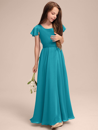 ターコイズグリーンホワイトフラワーガールドレス 特別な日のためのドレス ブルーシフォン 半袖 ジュエルネック フラワーガールドレス