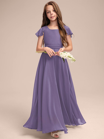 パープル ホワイトフラワーガールドレス 特別な日のためのドレス ブルーシフォン 半袖 ジュエルネック フラワーガールドレス