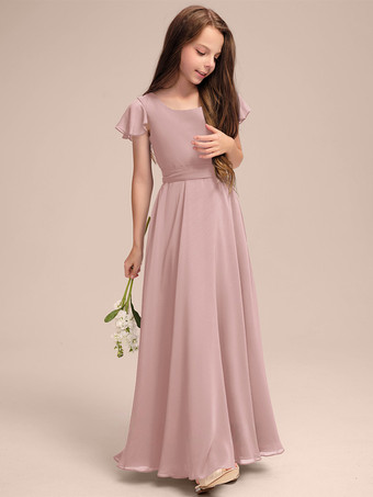 ピンクホワイトフラワーガールドレス 特別な日のためのドレス ブルーシフォン 半袖 ジュエルネック フラワーガールドレス