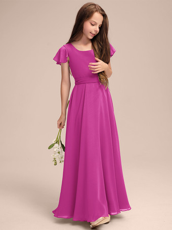 ローズレッドホワイトフラワーガールドレス 特別な日のためのドレス ブルーシフォン 半袖 ジュエルネック フラワーガールドレス