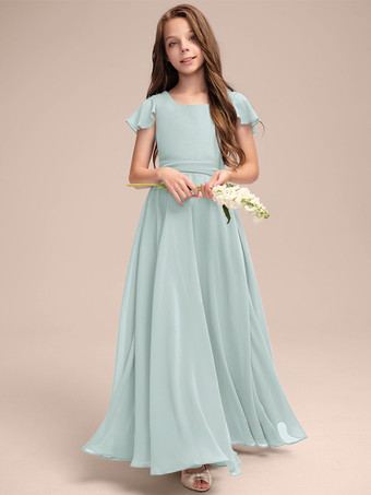 セージグリーンホワイトフラワーガールドレス 特別な日のためのドレス ブルーシフォン 半袖 ジュエルネック フラワーガールドレス