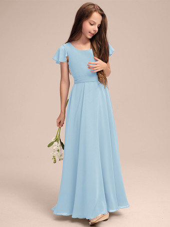 ベビーブルーホワイトフラワーガールドレス 特別な日のためのドレス ブルーシフォン 半袖 ジュエルネック フラワーガールドレス