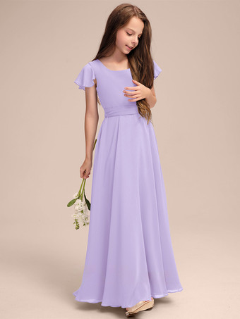 ラベンダーカラーホワイトフラワーガールドレス 特別な日のためのドレス ブルーシフォン 半袖 ジュエルネック フラワーガールドレス