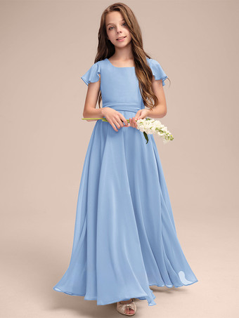 ライトスカイブルーホワイトフラワーガールドレス 特別な日のためのドレス ブルーシフォン 半袖 ジュエルネック フラワーガールドレス