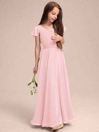 ソフトピンクホワイトフラワーガールドレス 特別な日のためのドレス ブルーシフォン 半袖 ジュエルネック フラワーガールドレス