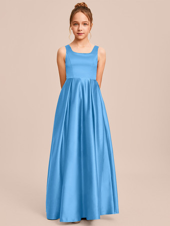 ブルー ホワイトフラワーガールドレス 特別な日のドレス アイボリーサテン生地 ノースリーブ スクエアネック フラワーガールドレス