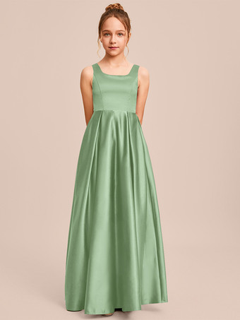 グリーン ホワイトフラワーガールドレス 特別な日のドレス アイボリーサテン生地 ノースリーブ スクエアネック フラワーガールドレス