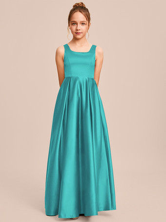 ターコイズグリーンホワイトフラワーガールドレス 特別な日のドレス アイボリーサテン生地 ノースリーブ スクエアネック フラワーガールドレス