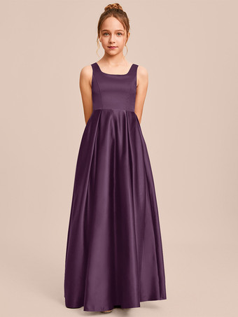 パープル ホワイトフラワーガールドレス 特別な日のドレス アイボリーサテン生地 ノースリーブ スクエアネック フラワーガールドレス