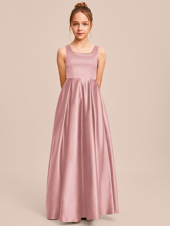 ピンクホワイトフラワーガールドレス 特別な日のドレス アイボリーサテン生地 ノースリーブ スクエアネック フラワーガールドレス