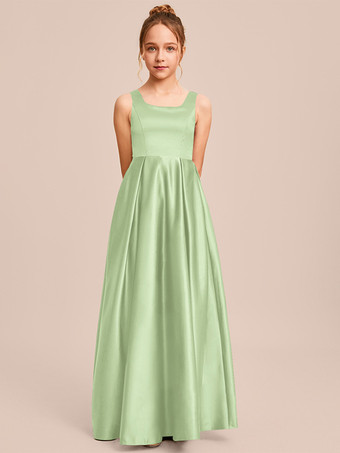 セージグリーンホワイトフラワーガールドレス 特別な日のドレス アイボリーサテン生地 ノースリーブ スクエアネック フラワーガールドレス