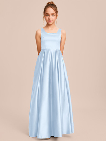 ベビーブルーホワイトフラワーガールドレス 特別な日のドレス アイボリーサテン生地 ノースリーブ スクエアネック フラワーガールドレス