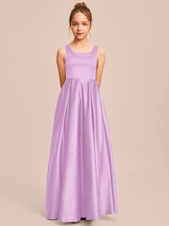 ラベンダーカラーホワイトフラワーガールドレス 特別な日のドレス アイボリーサテン生地 ノースリーブ スクエアネック フラワーガールドレス