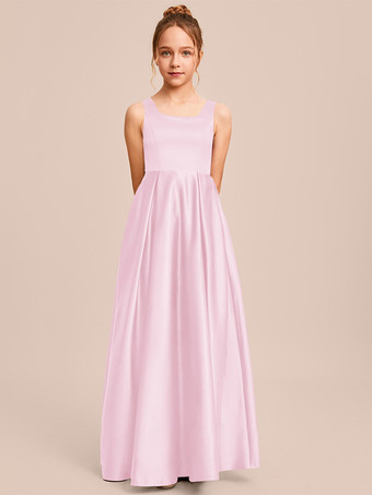 ソフトピンクホワイトフラワーガールドレス 特別な日のドレス アイボリーサテン生地 ノースリーブ スクエアネック フラワーガールドレス