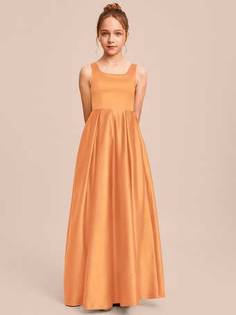 オレンジホワイトフラワーガールドレス 特別な日のドレス アイボリーサテン生地 ノースリーブ スクエアネック フラワーガールドレス