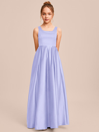 ライラックホワイトフラワーガールドレス 特別な日のドレス アイボリーサテン生地 ノースリーブ スクエアネック フラワーガールドレス