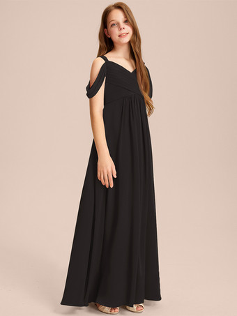 ブラック ホワイトフラワーガールドレス 特別な日のためのドレス アイボリーシフォン ノースリーブ スウィートハートネック フラワーガールドレス