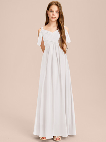 アイボリーホワイトフラワーガールドレス 特別な日のためのドレス アイボリーシフォン ノースリーブ スウィートハートネック フラワーガールドレス