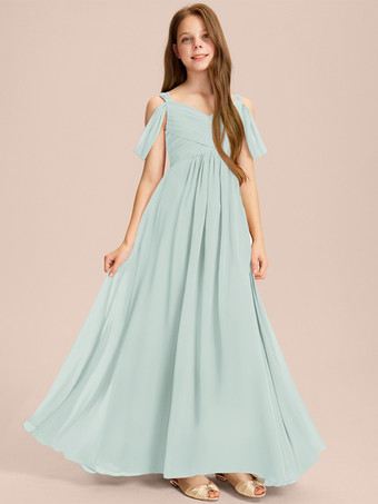 ミントグリーンホワイトフラワーガールドレス 特別な日のためのドレス アイボリーシフォン ノースリーブ スウィートハートネック フラワーガールドレス