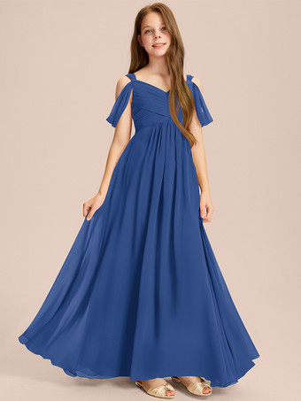 ブルー ホワイトフラワーガールドレス 特別な日のためのドレス アイボリーシフォン ノースリーブ スウィートハートネック フラワーガールドレス