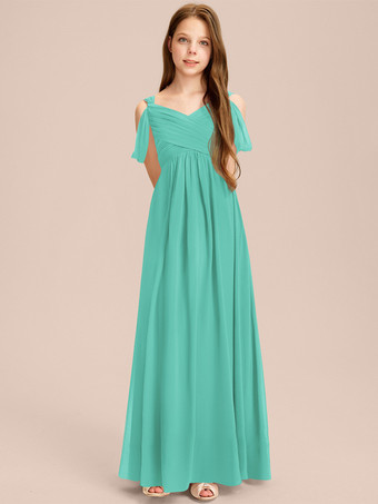 グリーン ホワイトフラワーガールドレス 特別な日のためのドレス アイボリーシフォン ノースリーブ スウィートハートネック フラワーガールドレス