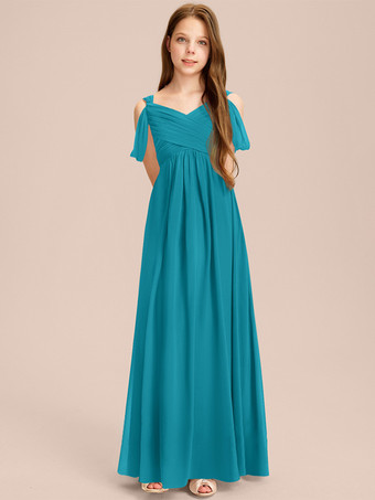 ターコイズグリーンホワイトフラワーガールドレス 特別な日のためのドレス アイボリーシフォン ノースリーブ スウィートハートネック フラワーガールドレス