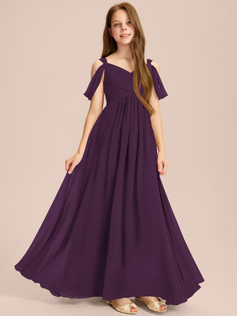 パープル ホワイトフラワーガールドレス 特別な日のためのドレス アイボリーシフォン ノースリーブ スウィートハートネック フラワーガールドレス