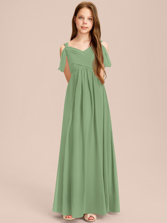 セージグリーンホワイトフラワーガールドレス 特別な日のためのドレス アイボリーシフォン ノースリーブ スウィートハートネック フラワーガールドレス