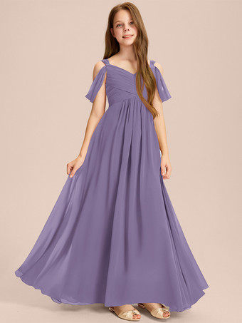 ラベンダーカラーホワイトフラワーガールドレス 特別な日のためのドレス アイボリーシフォン ノースリーブ スウィートハートネック フラワーガールドレス