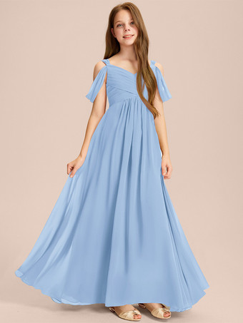 ライトスカイブルーホワイトフラワーガールドレス 特別な日のためのドレス アイボリーシフォン ノースリーブ スウィートハートネック フラワーガールドレス