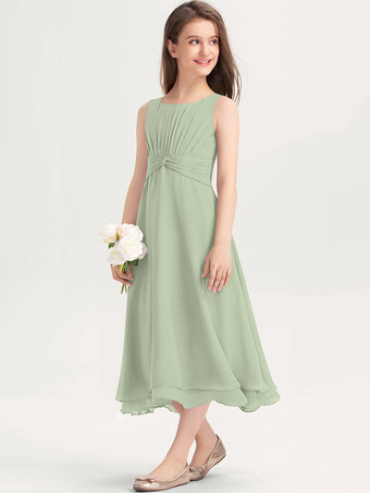 ミントグリーン白いフラワーガールドレス 特別な日のためのドレス 紫のシフォン ノースリーブ ジュエルネック フラワーガールドレス