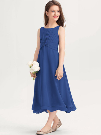 ブルー 白いフラワーガールドレス 特別な日のためのドレス 紫のシフォン ノースリーブ ジュエルネック フラワーガールドレス