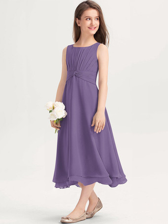 グレープ白いフラワーガールドレス 特別な日のためのドレス 紫のシフォン ノースリーブ ジュエルネック フラワーガールドレス