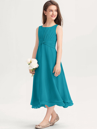 ターコイズグリーン白いフラワーガールドレス 特別な日のためのドレス 紫のシフォン ノースリーブ ジュエルネック フラワーガールドレス