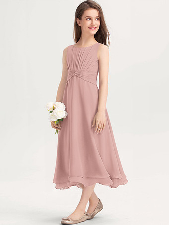 ピンク白いフラワーガールドレス 特別な日のためのドレス 紫のシフォン ノースリーブ ジュエルネック フラワーガールドレス