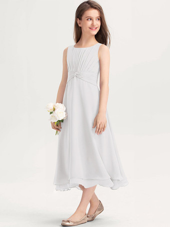 ホワイト 白いフラワーガールドレス 特別な日のためのドレス 紫のシフォン ノースリーブ ジュエルネック フラワーガールドレス