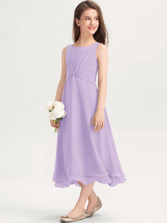 ライラック白いフラワーガールドレス 特別な日のためのドレス 紫のシフォン ノースリーブ ジュエルネック フラワーガールドレス