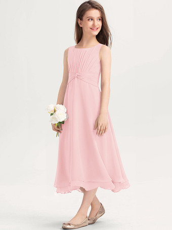 ソフトピンク白いフラワーガールドレス 特別な日のためのドレス 紫のシフォン ノースリーブ ジュエルネック フラワーガールドレス