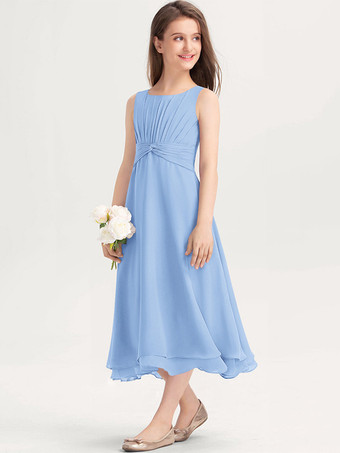 ライトスカイブルー白いフラワーガールドレス 特別な日のためのドレス 紫のシフォン ノースリーブ ジュエルネック フラワーガールドレス