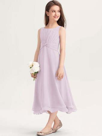 ラベンダーカラー白いフラワーガールドレス 特別な日のためのドレス 紫のシフォン ノースリーブ ジュエルネック フラワーガールドレス