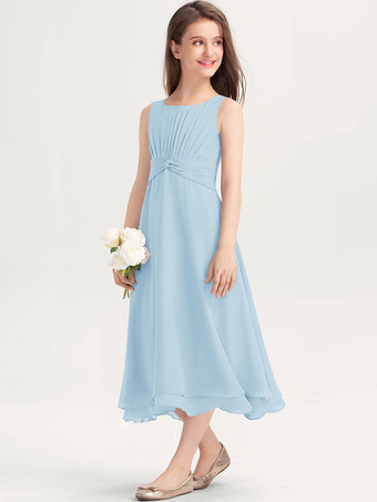 ベビーブルー白いフラワーガールドレス 特別な日のためのドレス 紫のシフォン ノースリーブ ジュエルネック フラワーガールドレス