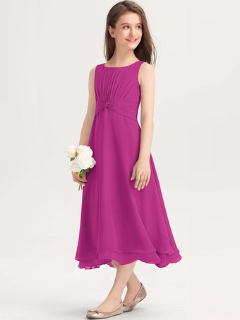 ローズレッド白いフラワーガールドレス 特別な日のためのドレス 紫のシフォン ノースリーブ ジュエルネック フラワーガールドレス