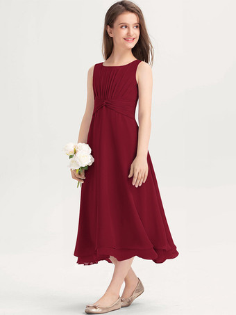 ワインレッド 白いフラワーガールドレス 特別な日のためのドレス 紫のシフォン ノースリーブ ジュエルネック フラワーガールドレス