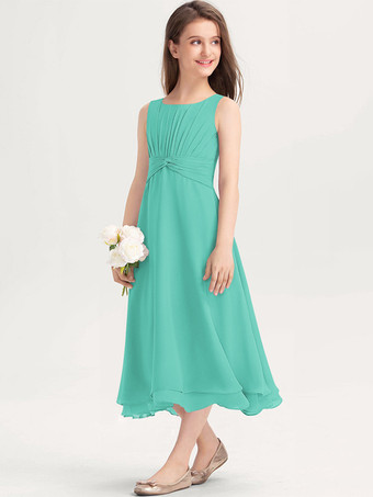 ティールグリーン白いフラワーガールドレス 特別な日のためのドレス 紫のシフォン ノースリーブ ジュエルネック フラワーガールドレス