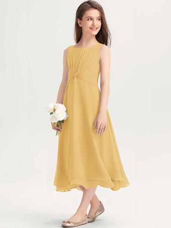 イエロー白いフラワーガールドレス 特別な日のためのドレス 紫のシフォン ノースリーブ ジュエルネック フラワーガールドレス