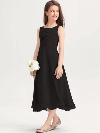 ブラック 白いフラワーガールドレス 特別な日のためのドレス 紫のシフォン ノースリーブ ジュエルネック フラワーガールドレス