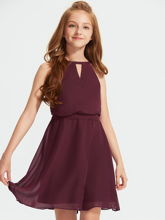 ホワイトフラワーガールドレス 特別な機会のドレス バーガンディシフォン ノースリーブ デザインネックライン フラワーガールドレス